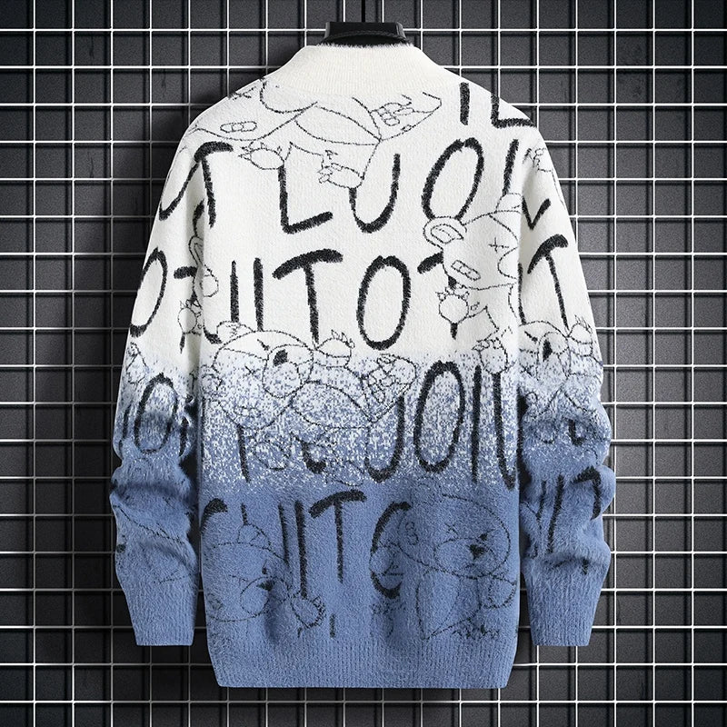 Harajuku Sweater Men's Y2K Knitted Letter Printing Sweater Men's Wool Pullover Men's Retro Knitted Color Block Tops