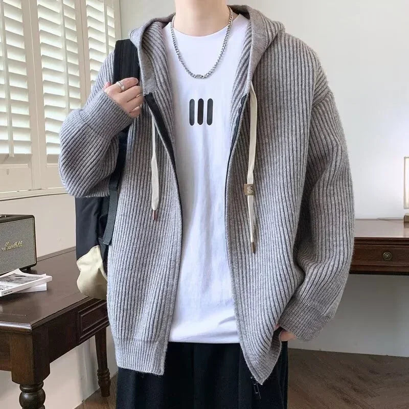 2025 Zipper Knitted Hooded Sweater For Men Korean Fashion Vintage Cardigan Knitwear Y2K Streetwear Casual Jackets jersey hombre