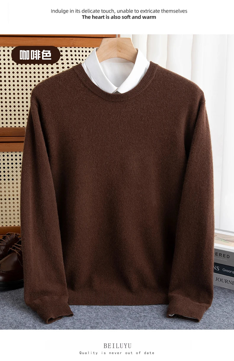 New 100% Pure Wool Sweater Men's Autumn Winter O-Neck Pullovers Business Casual Base Shirt Knit High-Grade Warm Male Jumper