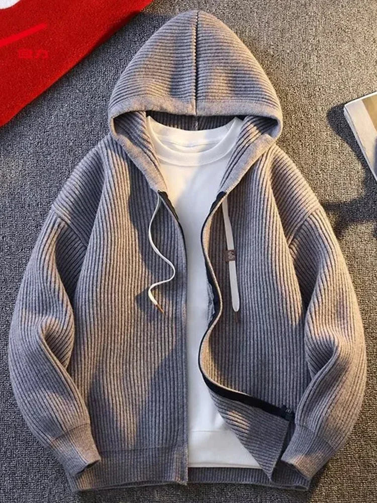 2025 Zipper Knitted Hooded Sweater For Men Korean Fashion Vintage Cardigan Knitwear Y2K Streetwear Casual Jackets jersey hombre