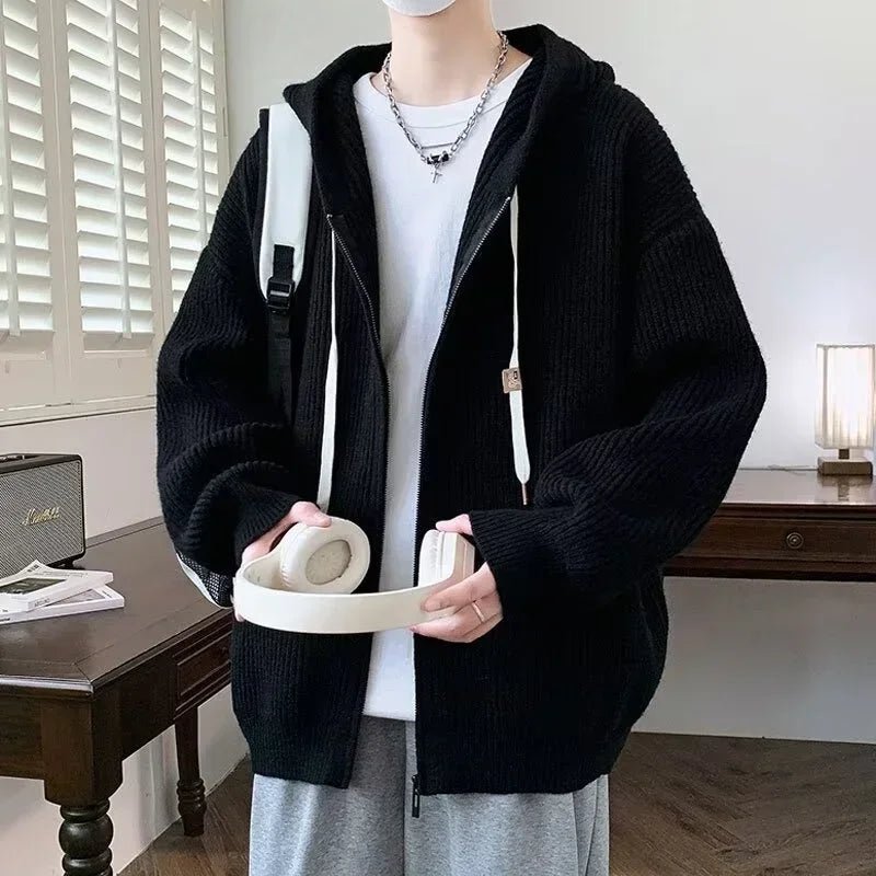 2025 Zipper Knitted Hooded Sweater For Men Korean Fashion Vintage Cardigan Knitwear Y2K Streetwear Casual Jackets jersey hombre