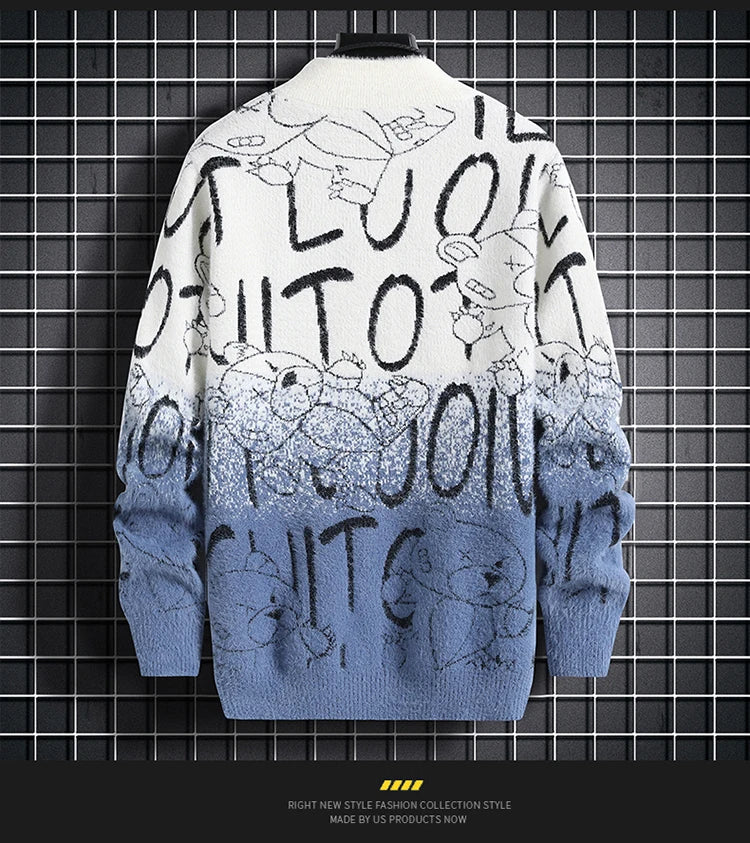 Harajuku Sweater Men's Y2K Knitted Letter Printing Sweater Men's Wool Pullover Men's Retro Knitted Color Block Tops