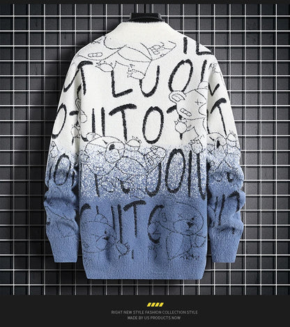 Harajuku Sweater Men's Y2K Knitted Letter Printing Sweater Men's Wool Pullover Men's Retro Knitted Color Block Tops