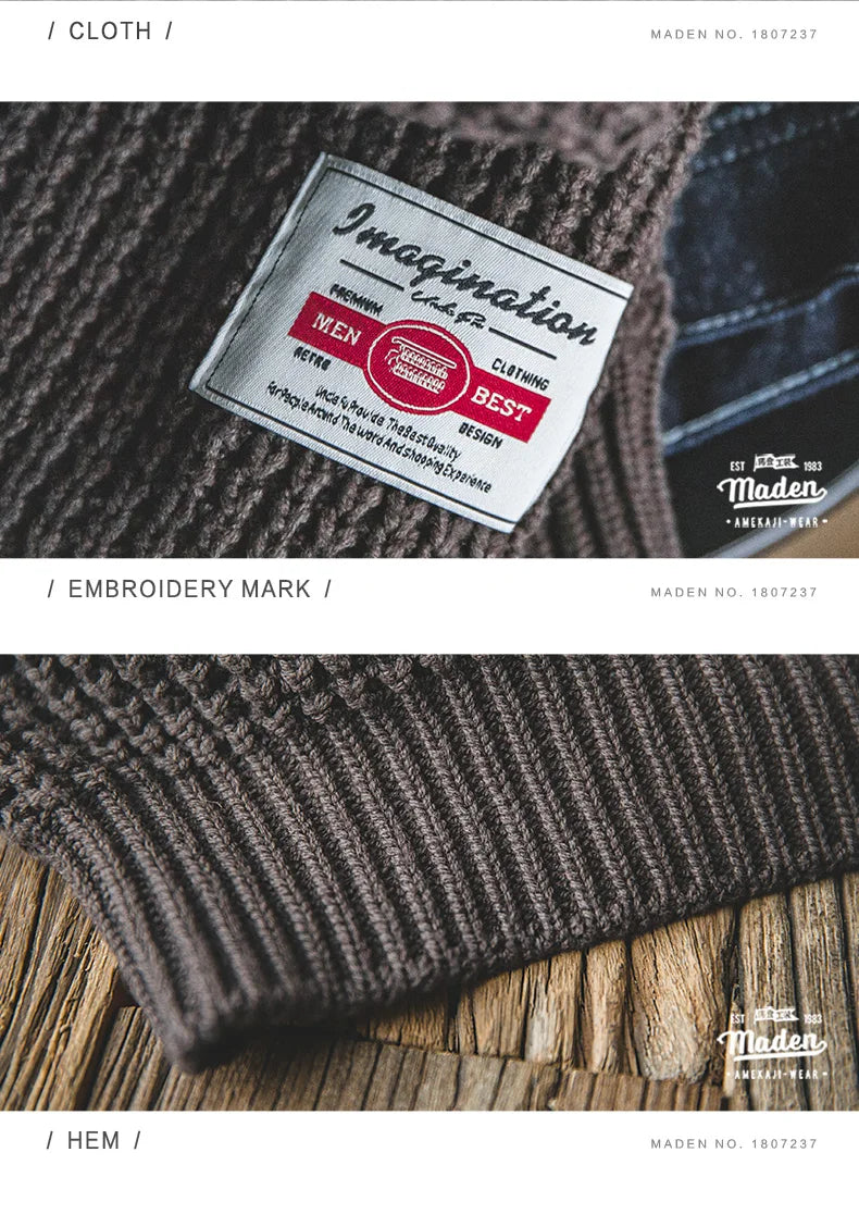 Maden Work Attire Retro Round Neck Thickened Autumn And Winter Sweater Amekaji Loose Knit Men's Clothing