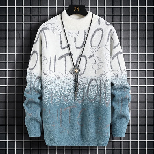 Harajuku Sweater Men's Y2K Knitted Letter Printing Sweater Men's Wool Pullover Men's Retro Knitted Color Block Tops