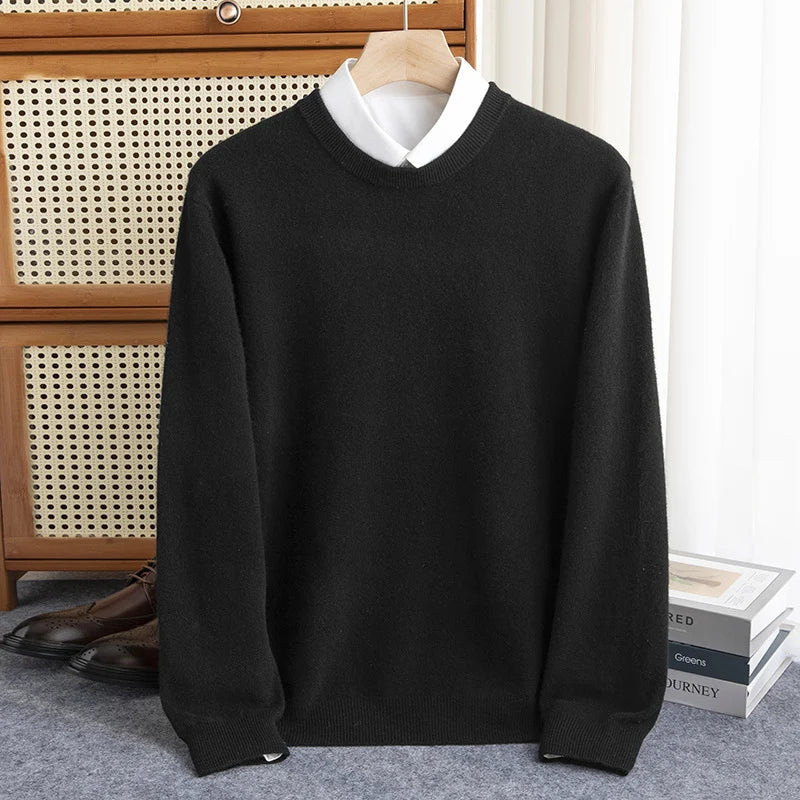 New 100% Pure Wool Sweater Men's Autumn Winter O-Neck Pullovers Business Casual Base Shirt Knit High-Grade Warm Male Jumper