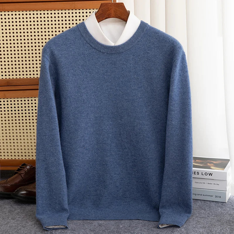 New 100% Pure Wool Sweater Men's Autumn Winter O-Neck Pullovers Business Casual Base Shirt Knit High-Grade Warm Male Jumper