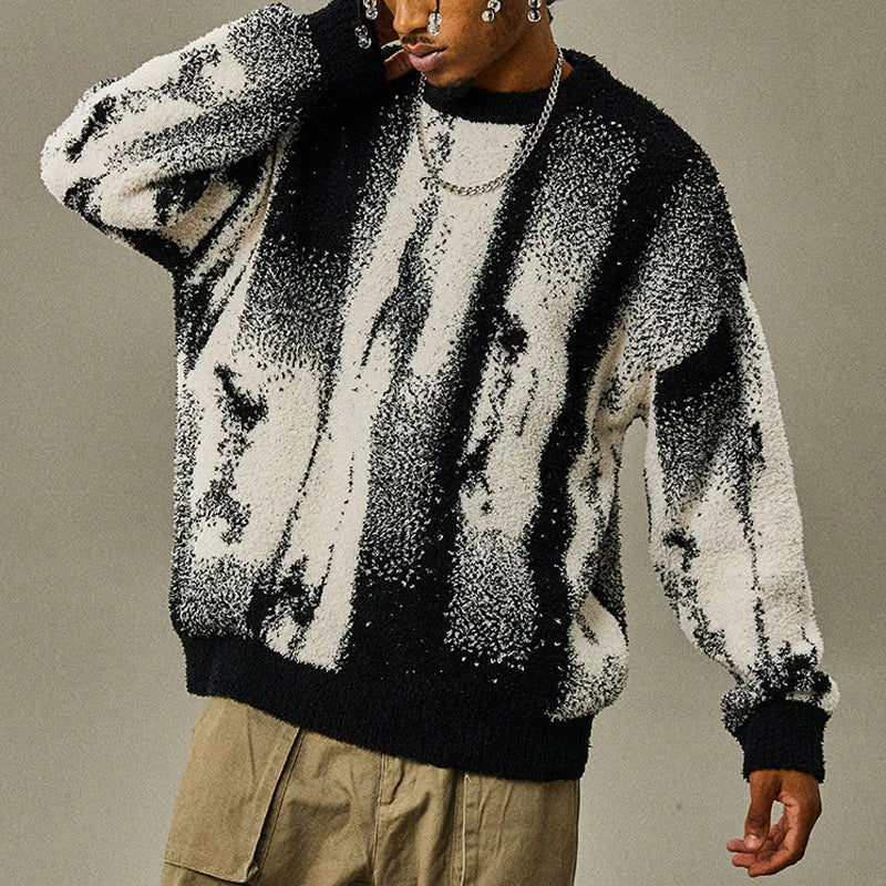 Autumn & Winter New Loose Men's Sweater Knit Base Shirt Men's Match Color Striped Sweater Street Fashion Casual Knitwear T-shirt