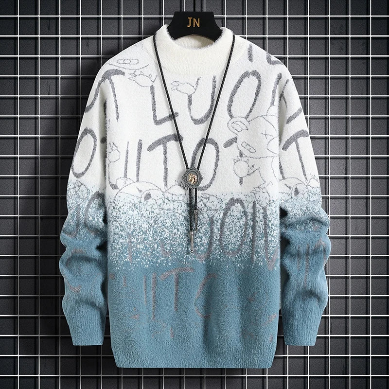 Harajuku Sweater Men's Y2K Knitted Letter Printing Sweater Men's Wool Pullover Men's Retro Knitted Color Block Tops