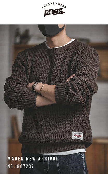Maden Work Attire Retro Round Neck Thickened Autumn And Winter Sweater Amekaji Loose Knit Men's Clothing