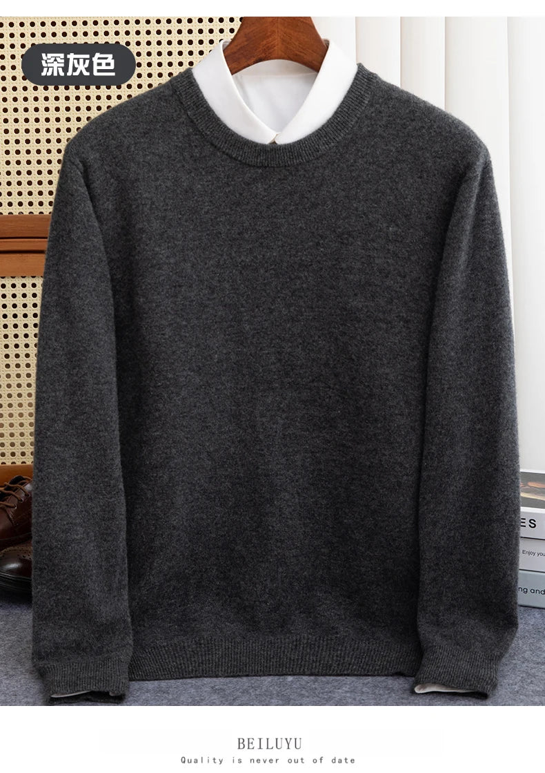 New 100% Pure Wool Sweater Men's Autumn Winter O-Neck Pullovers Business Casual Base Shirt Knit High-Grade Warm Male Jumper