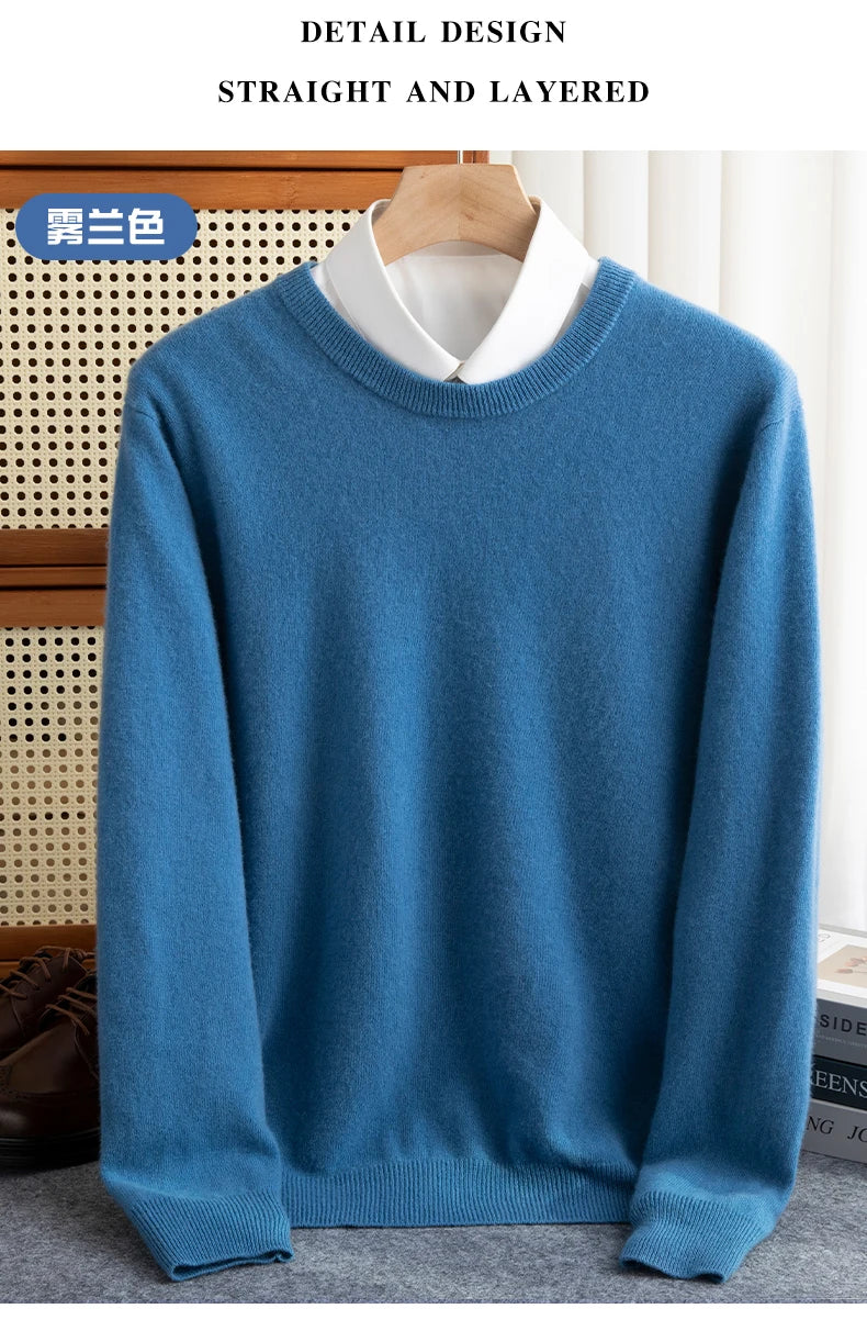 New 100% Pure Wool Sweater Men's Autumn Winter O-Neck Pullovers Business Casual Base Shirt Knit High-Grade Warm Male Jumper