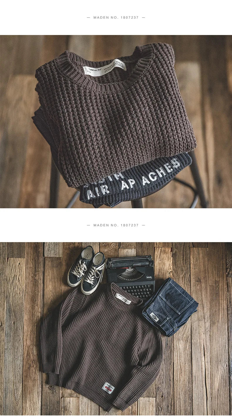 Maden Work Attire Retro Round Neck Thickened Autumn And Winter Sweater Amekaji Loose Knit Men's Clothing
