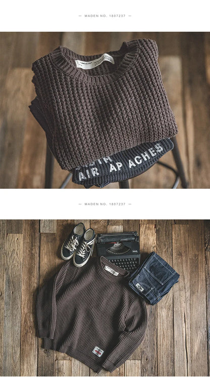 Maden Work Attire Retro Round Neck Thickened Autumn And Winter Sweater Amekaji Loose Knit Men's Clothing
