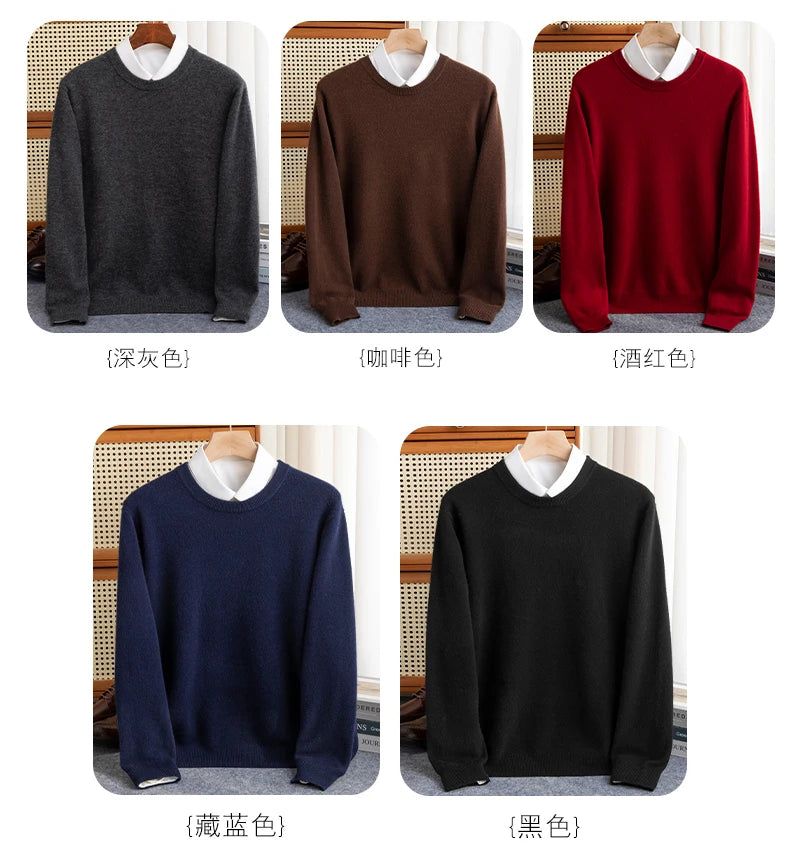 New 100% Pure Wool Sweater Men's Autumn Winter O-Neck Pullovers Business Casual Base Shirt Knit High-Grade Warm Male Jumper