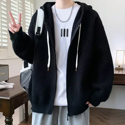 2025 Zipper Knitted Hooded Sweater For Men Korean Fashion Vintage Cardigan Knitwear Y2K Streetwear Casual Jackets jersey hombre