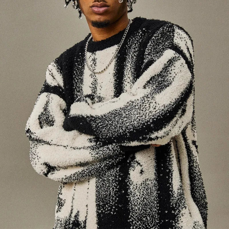 Autumn & Winter New Loose Men's Sweater Knit Base Shirt Men's Match Color Striped Sweater Street Fashion Casual Knitwear T-shirt