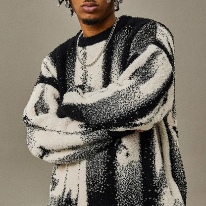 Autumn & Winter New Loose Men's Sweater Knit Base Shirt Men's Match Color Striped Sweater Street Fashion Casual Knitwear T-shirt