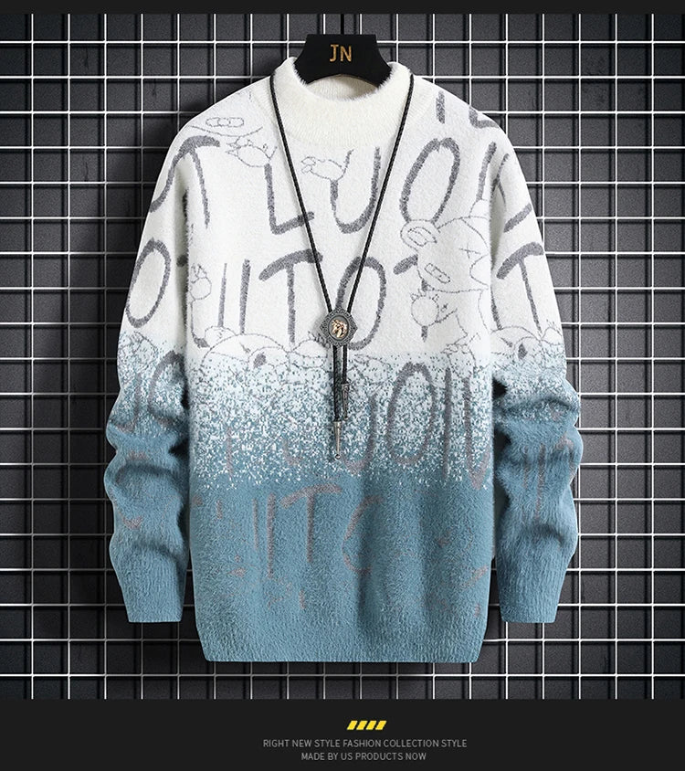 Harajuku Sweater Men's Y2K Knitted Letter Printing Sweater Men's Wool Pullover Men's Retro Knitted Color Block Tops