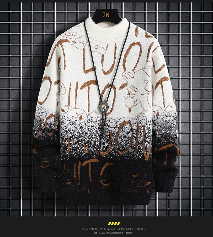 Harajuku Sweater Men's Y2K Knitted Letter Printing Sweater Men's Wool Pullover Men's Retro Knitted Color Block Tops