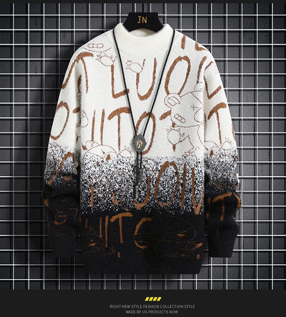 Harajuku Sweater Men's Y2K Knitted Letter Printing Sweater Men's Wool Pullover Men's Retro Knitted Color Block Tops
