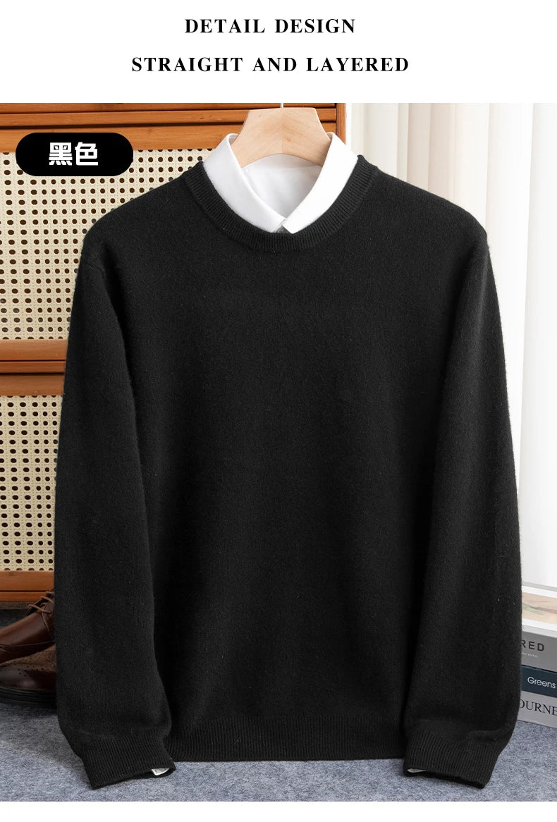 New 100% Pure Wool Sweater Men's Autumn Winter O-Neck Pullovers Business Casual Base Shirt Knit High-Grade Warm Male Jumper