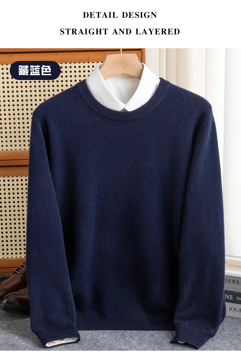 New 100% Pure Wool Sweater Men's Autumn Winter O-Neck Pullovers Business Casual Base Shirt Knit High-Grade Warm Male Jumper