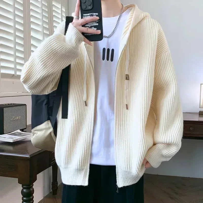 2025 Zipper Knitted Hooded Sweater For Men Korean Fashion Vintage Cardigan Knitwear Y2K Streetwear Casual Jackets jersey hombre