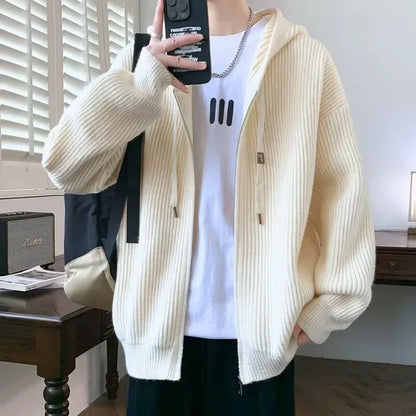 2025 Zipper Knitted Hooded Sweater For Men Korean Fashion Vintage Cardigan Knitwear Y2K Streetwear Casual Jackets jersey hombre